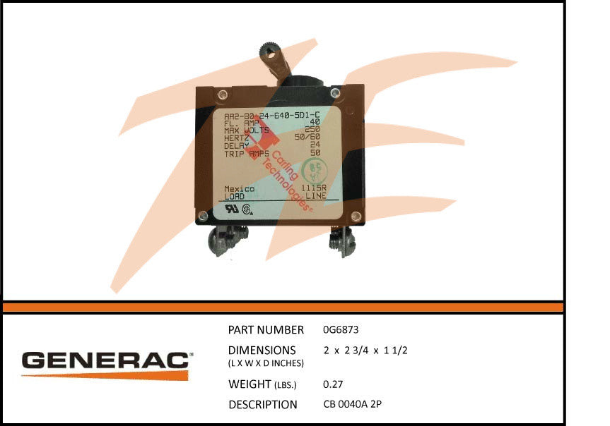 Generac 0G6873 Circuit Breaker 40A 2 Pole 250V
