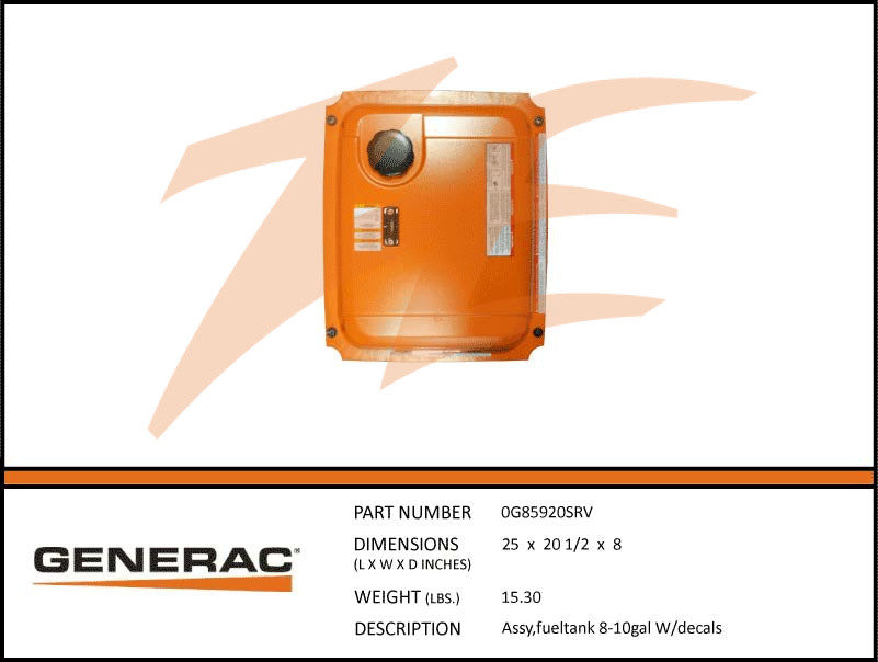 Generac 0G85920SRV Fueltank Assembly 8-10 Gal w/ Decals