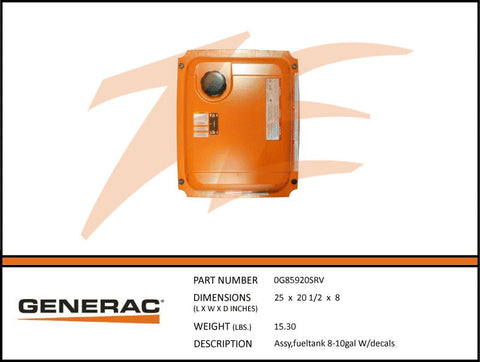 Generac 0G85920SRV Fueltank Assembly 8-10 Gal w/ Decals
