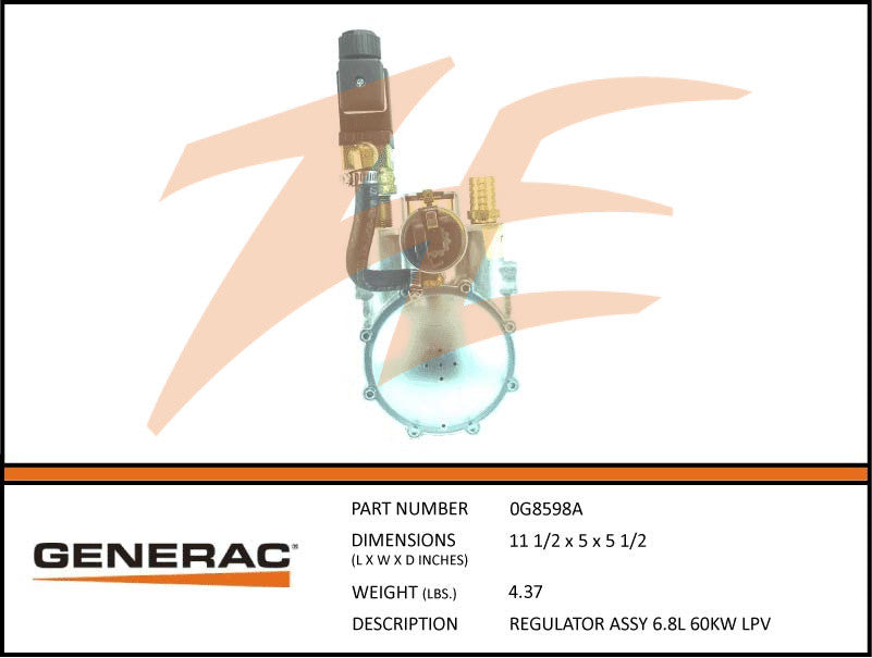 Generac 0G8598A Fuel Regulator Assembly 6.8L 60kW LP