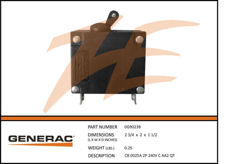 Generac 0G9023B 25A Circuit Breaker 2 Pole 240V