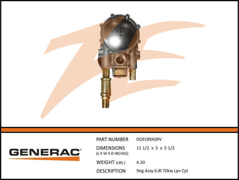 Generac 0G9189ASRV Fuel Regulator Assembly 6.8L 70kW LP