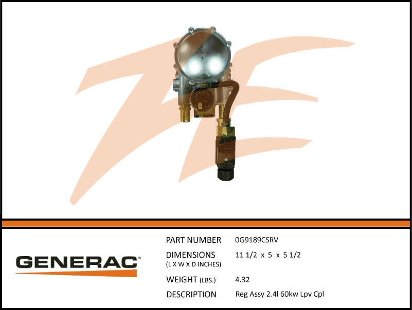 Generac 0G9189CSRV Fuel Regulator Assembly 2.4L 60kW LP