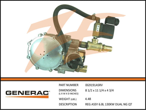 Generac 0G9191ASRV Fuel Regulator Assembly 6.8L 130kW NG Dual