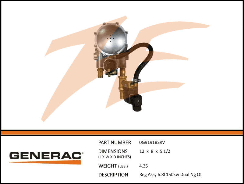 Generac 0G9191BSRV Fuel Regulator Assembly 6.8L 150kW NG Dual