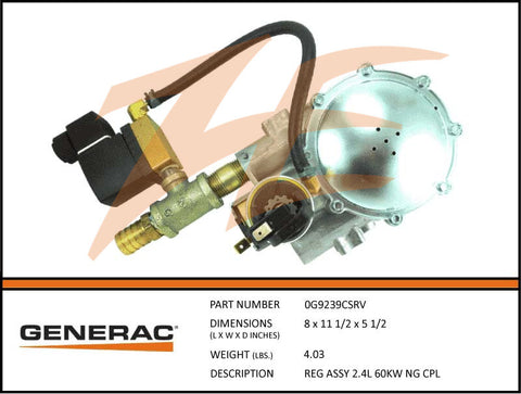 Generac 0G9239CSRV Fuel Regulator Assembly 2.4L 60kW NG