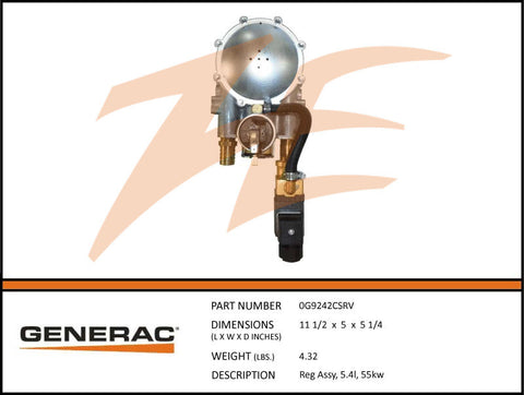 Generac 0G9242CSRV Fuel Regulator Assembly 5.4L 55kW