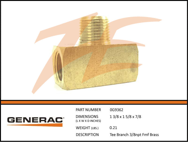 Generac 0G9362 Branch Tee 3/8" NPT FMF Brass
