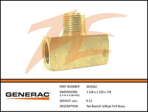 Generac 0G9362 Branch Tee 3/8" NPT FMF Brass