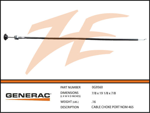 Generac 0G9560 Portable Choke Cable Nom 465