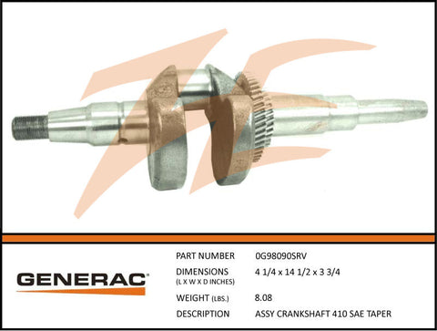Generac 0G98090SRV Crankshaft Assembly 410cc SAE Taper